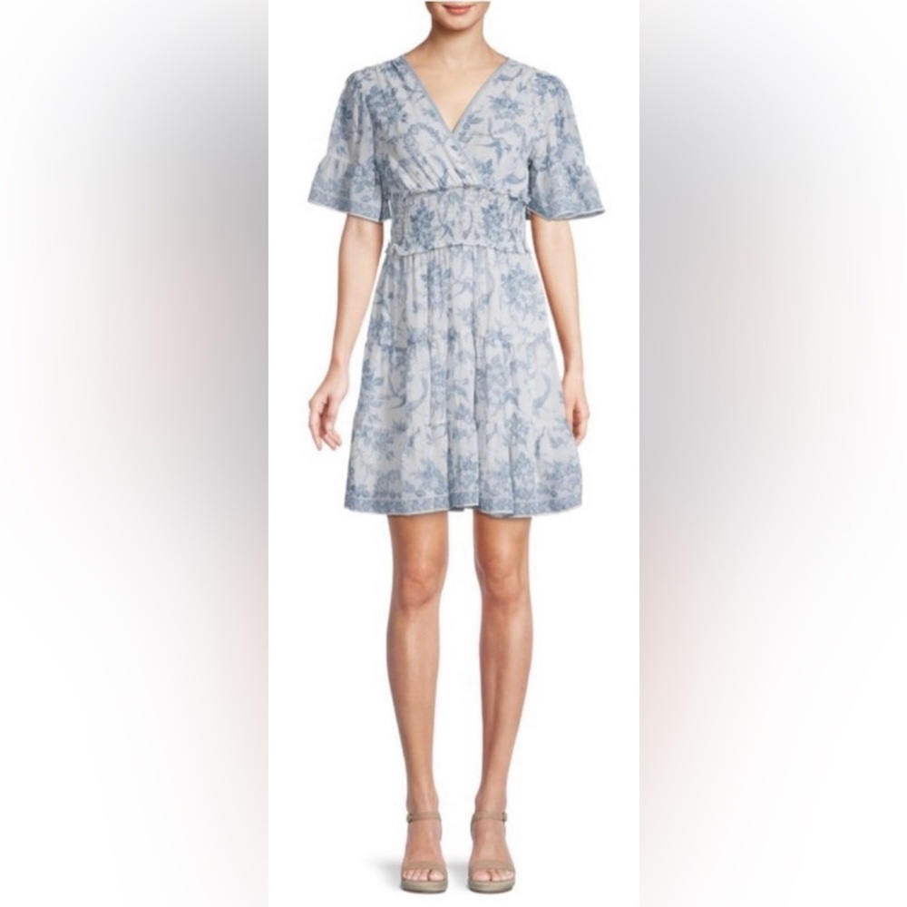 Max Studio Georgette Ruffled Sleeve, White & Blue Floral Tiered, Mini Dress Size